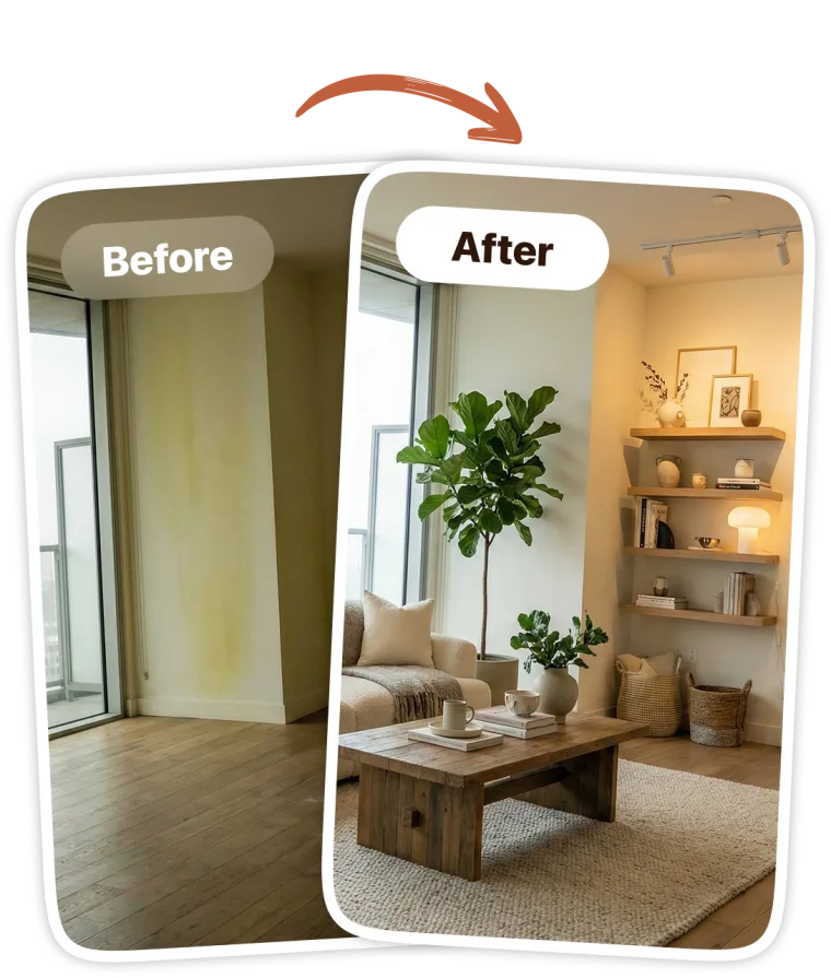Empty room transformed by CamPlan's AI designer into a furnished, styled living room